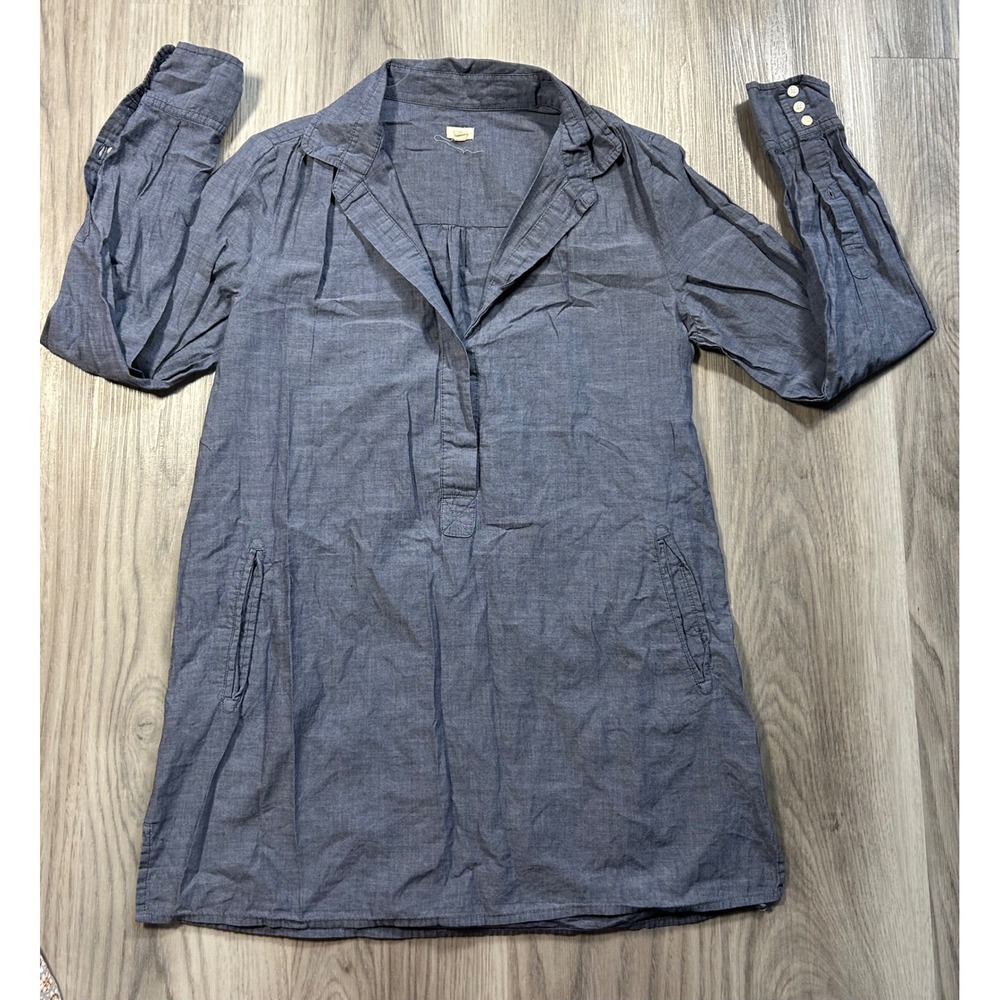 J Crew Chambray boho Tunic Shirt Blue Small Roll Tab Sleeves Pockets utility‎